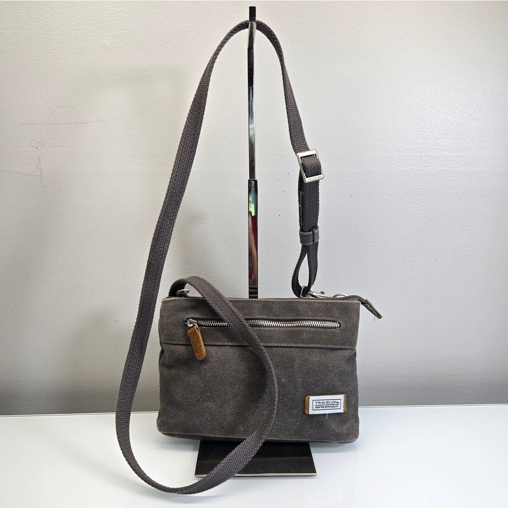 Travelon Heritage Anti Theft Crossbody Bag Small RFID Pewter Gray Canvas Travel
